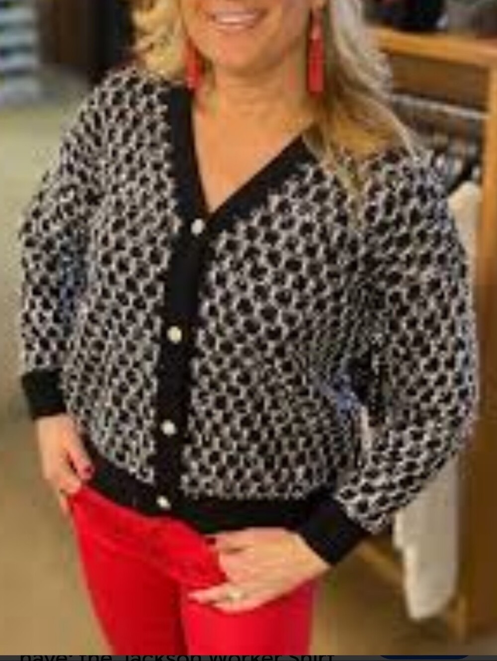 Coco + Carmen Black & Silver Geometric V Neck Pearl Button Cardigan SZ S/M NWOT